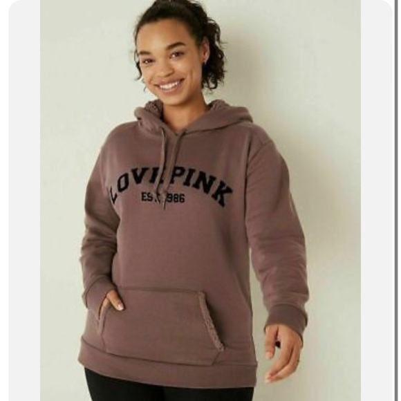 Victoria's Secret Pink Brown Sherpa Logo Everyday Pullover Hoodie size small - Picture 1 of 9